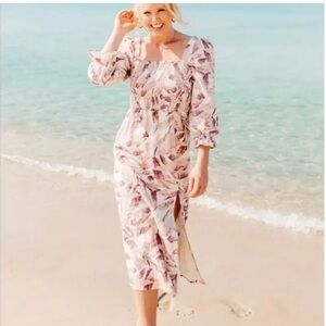 Revolve House of Harlow 1960 Linen Blend Smocked  Floral Midi Dress Size Small